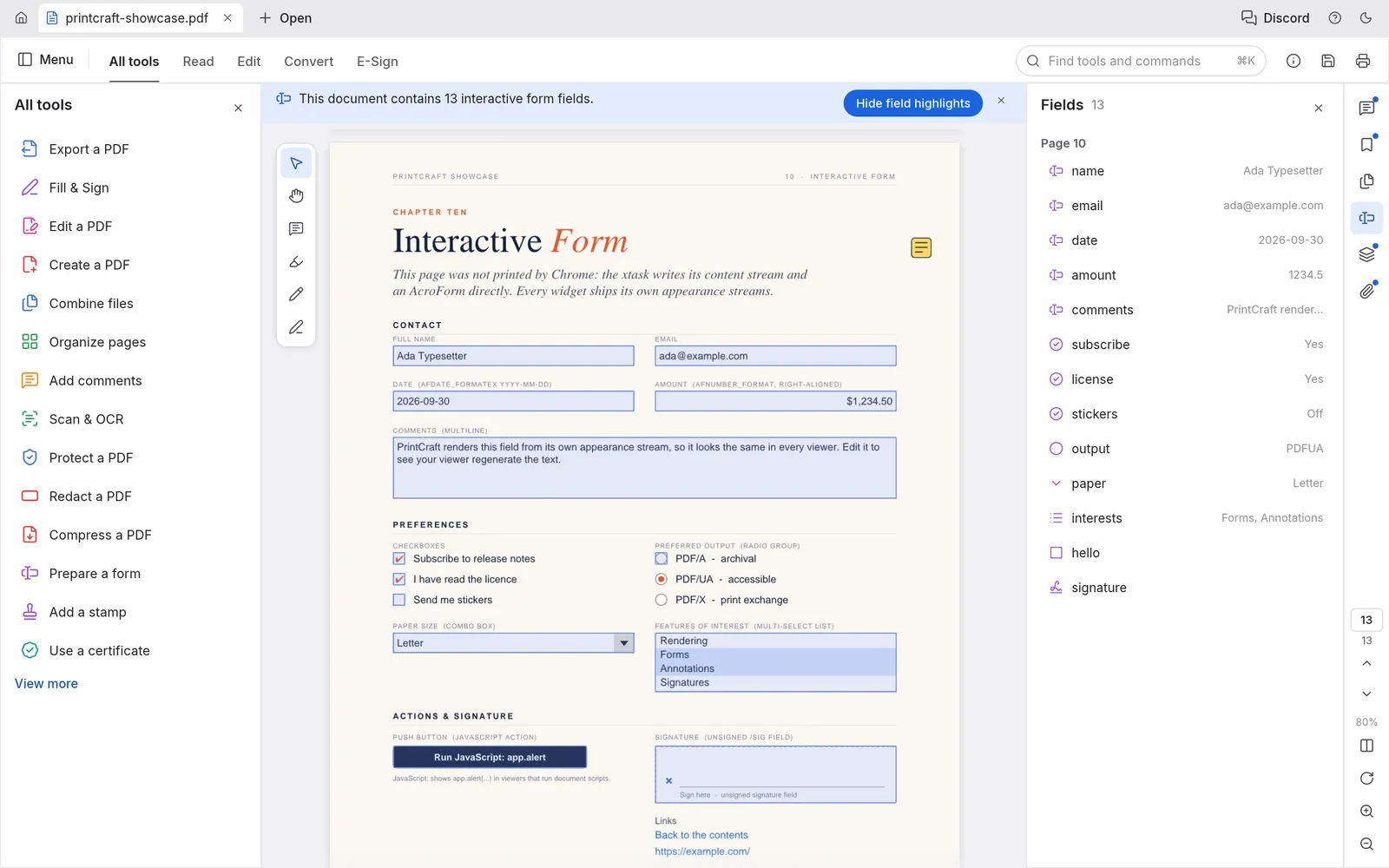 PdfCraft screenshot: an interactive form with the Fields panel
