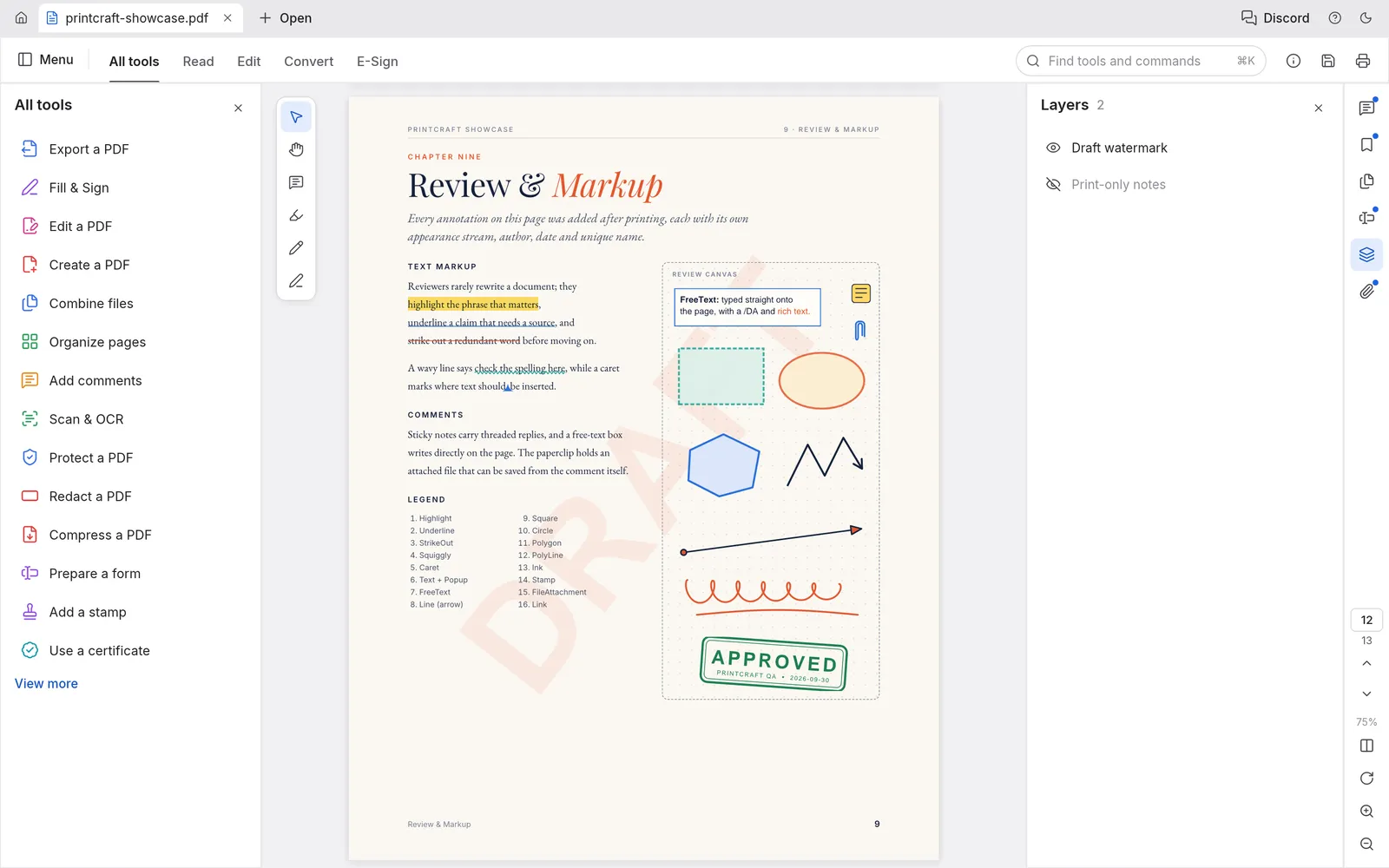 PdfCraft screenshot: comments, stamps and the Layers panel on a review page