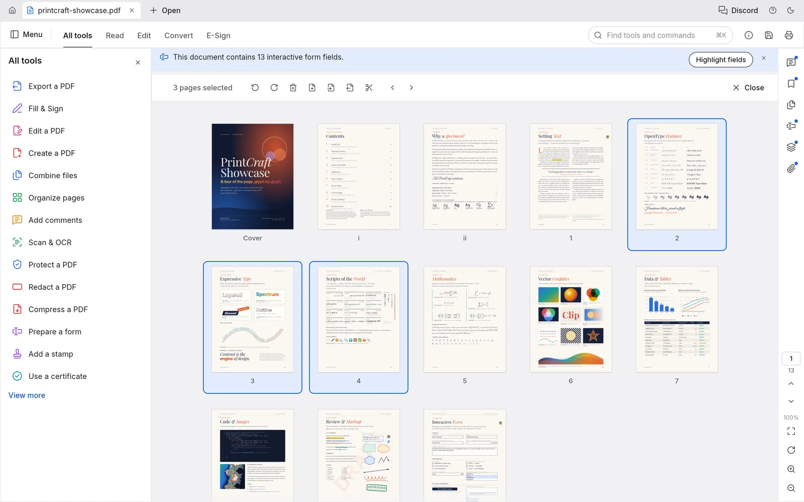 PdfCraft screenshot: the Organize pages grid with three pages selected
