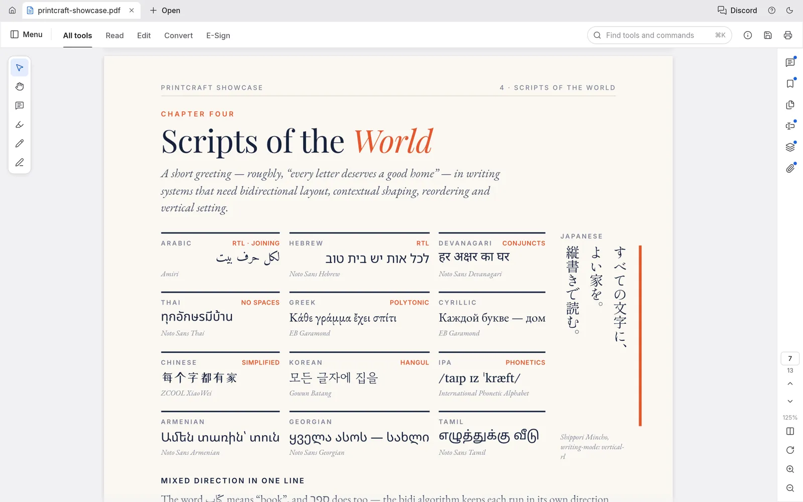 PdfCraft screenshot: twelve writing systems rendered on one page