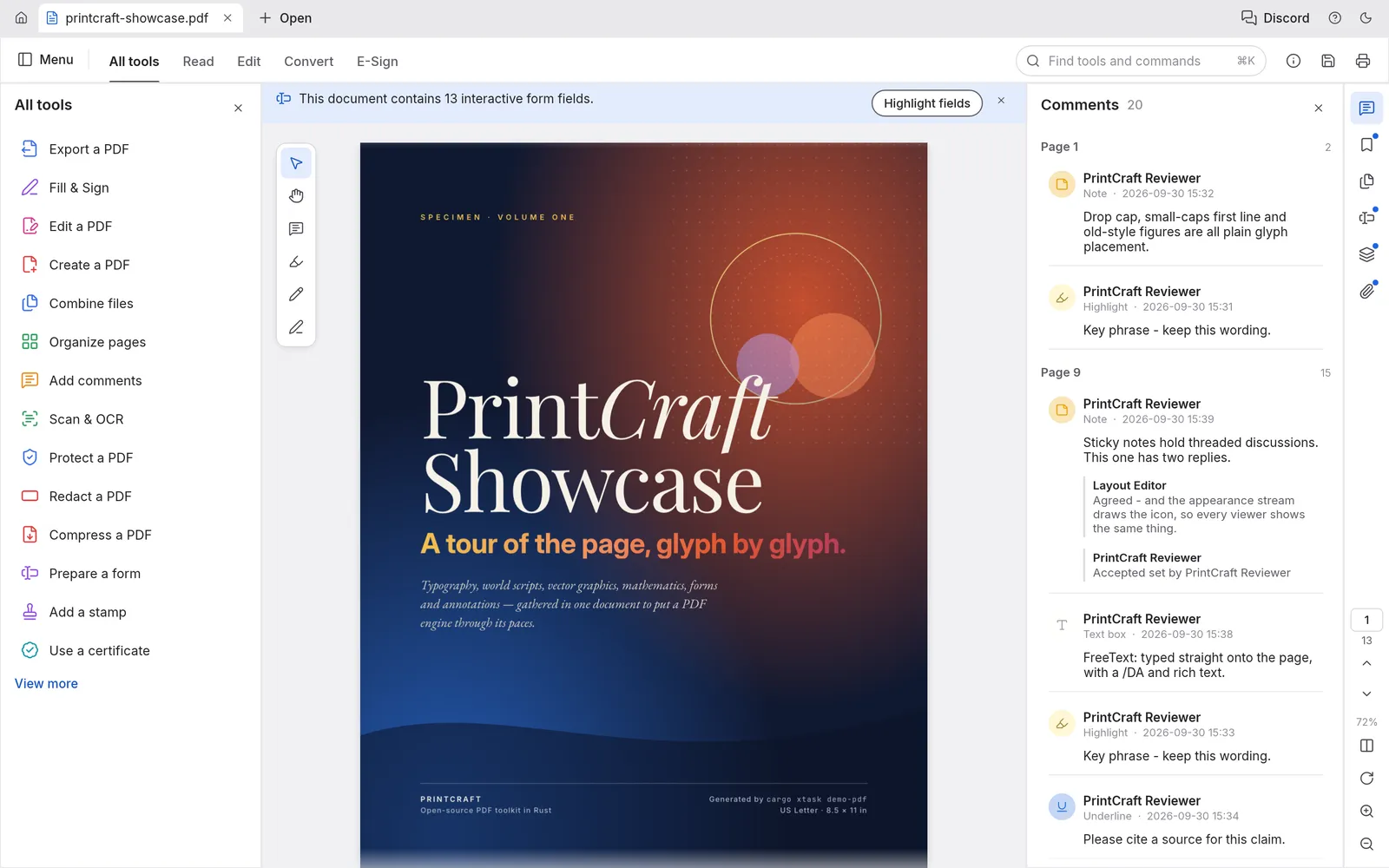 PdfCraft screenshot: a document open with the All tools panel and threaded comments